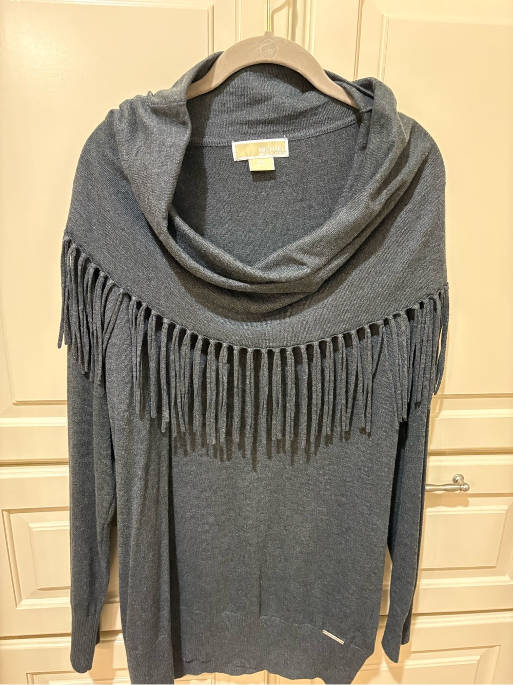 Michael Kors Charcoal Gray Fringed Cowl Neck Sweater